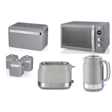 Swan Retro Revive Grey 1.7L 3KW Jug Kettle, 2 Slice Toaster plus Retro 20L 800W Digital Microwave, Bread Bin & Tea Coffee Sugar Canisters – Matching