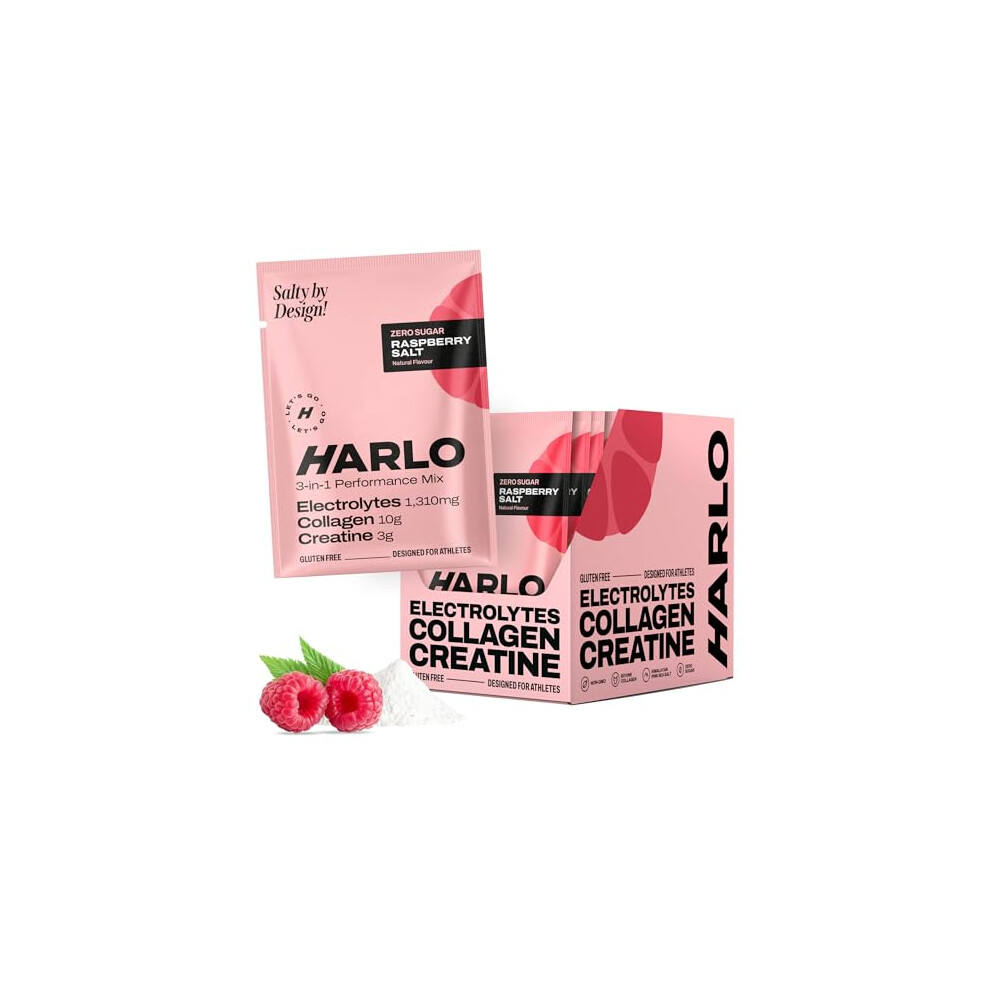 Harlo 3-In-1 Electrolytes Powder With Creatine & Collagen Â Hydration, Muscle & Joint Support | Zero Sugar | Raspberry Salt | 15 Sachets