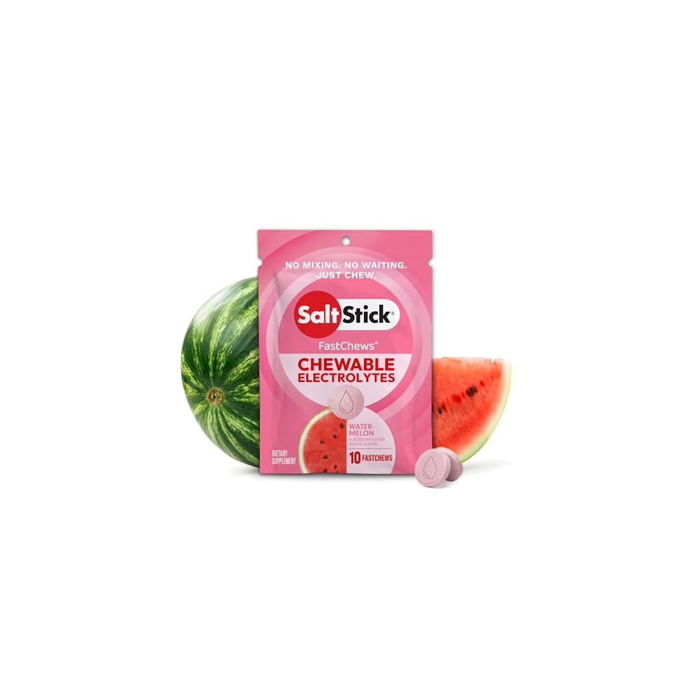Saltstick Fastchews Watermelon Zip Pack 10 Electrolyte Chewable Tablets With Salt, Minerals (Sodium, Potassium, Calcium, Magnesium) And Carbohydrates,