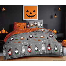 Charlotte Andersen Gonks Halloween Bedding Single Duvet Cover Set Haunted Pumpkins Reversible Soft Grey Orange Bed linen (Single)