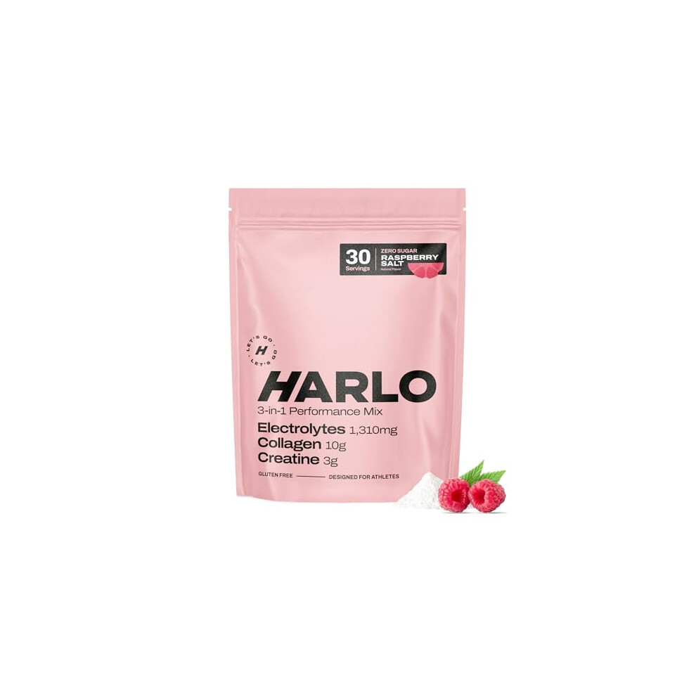 Harlo 3-In-1 Electrolytes Powder With Creatine & Collagen Â Hydration, Muscle & Joint Support | Zero Sugar | 30 Servings (Raspberry)