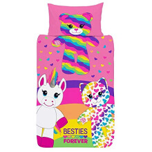 Build A Bear Besties Forever Single Duvet Cover - Reversible Bedding Set - Rainbow Squad Teddy Bear, Unicorn & Cat - Polycotton