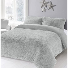 Artistic Fashionista* NEW Soft Warm & Cosy Teddy Bear Faux Fur Fleece CUDDLY Duvet Quilt Cover Pillowcases Bedding Set (Silver, Double)
