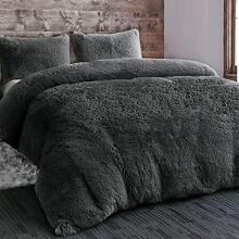 LS HOME Laura Secret Long Fluffy Teddy Duvet Cover Sets,Pillow Case Hug And Snug Fleece Faux Fur Easy Quilt Bedding (Charcoal, Single)