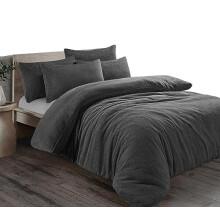 Teddy Fleece Plain Duvet Cover Set with Pillowcase - Double Charcoal Soft Cosy Thermal Warm Luxury Bedding Set Cuddly Comforter Quilt Cover with