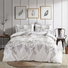 Axcent Comfort Audra Botanical Duvet Cover Double Bed White Grey Leaves Floral Tropical Bedding Soft Poly Cotton Double Duvet Quilt Cover Set with 2