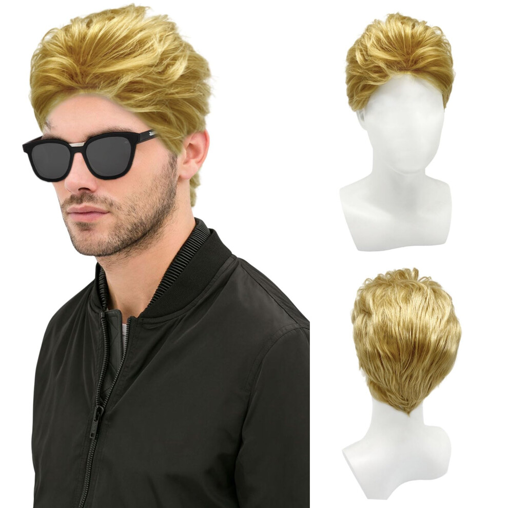 Tshaoun Mens Short Wig Blonde Layered Natural Handsome Wavy Hair Wig, 80S Disco Short Curly Fluffy Cosplay