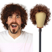 UILYNIU Brown Curly Wig Men with Moustache Brown Wig for Men Retro Hair Accessory Fancy Dress, Mens Afro Wig, 60s 70s 80s Wigs, Pop Hippy Wigs