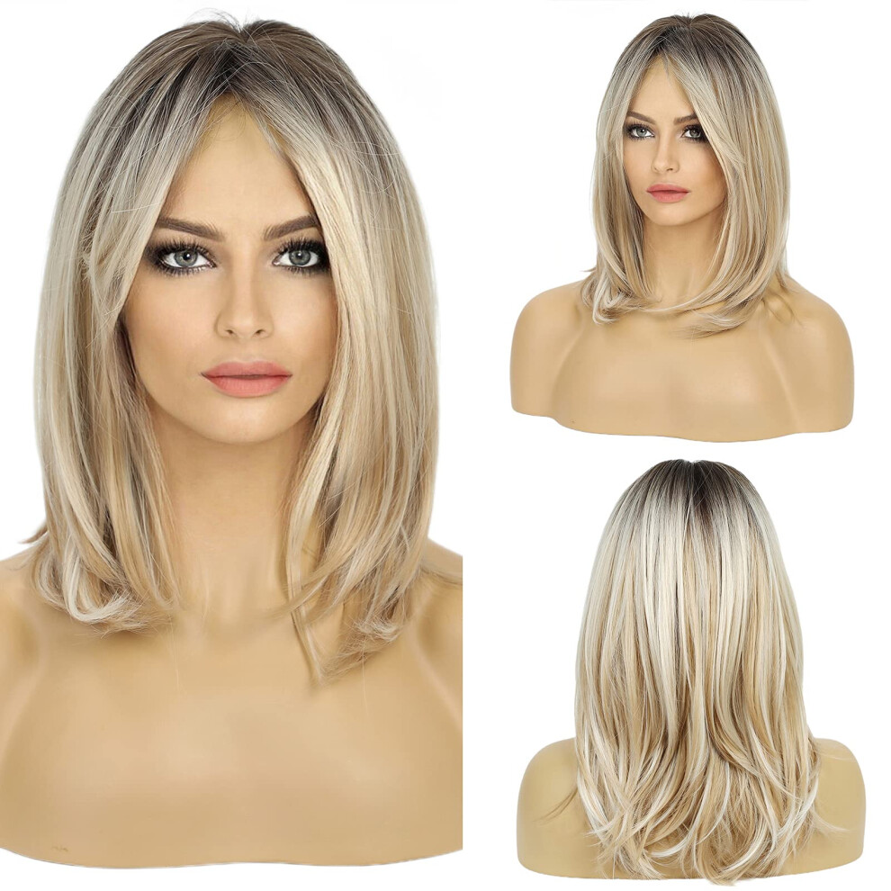 Haircube Long Blonde Wigs For Women Synthetic Hair Wig With Fringe Ombre Color With Dark Roots
