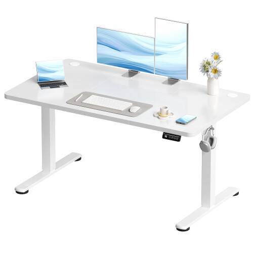Devoko Electric Standing Desk 120x60cm Sit Stand Table Height Adjustable with Backpack Hook and Memory Smart Panel, Home Office, White