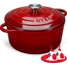 Overmont 26cm/5.2L Enamelled Cast Iron Round Casserole Dish With Lid,5.5QT, Cookbook -Non-stick Dutch Oven for Braising, Stews, Roasting