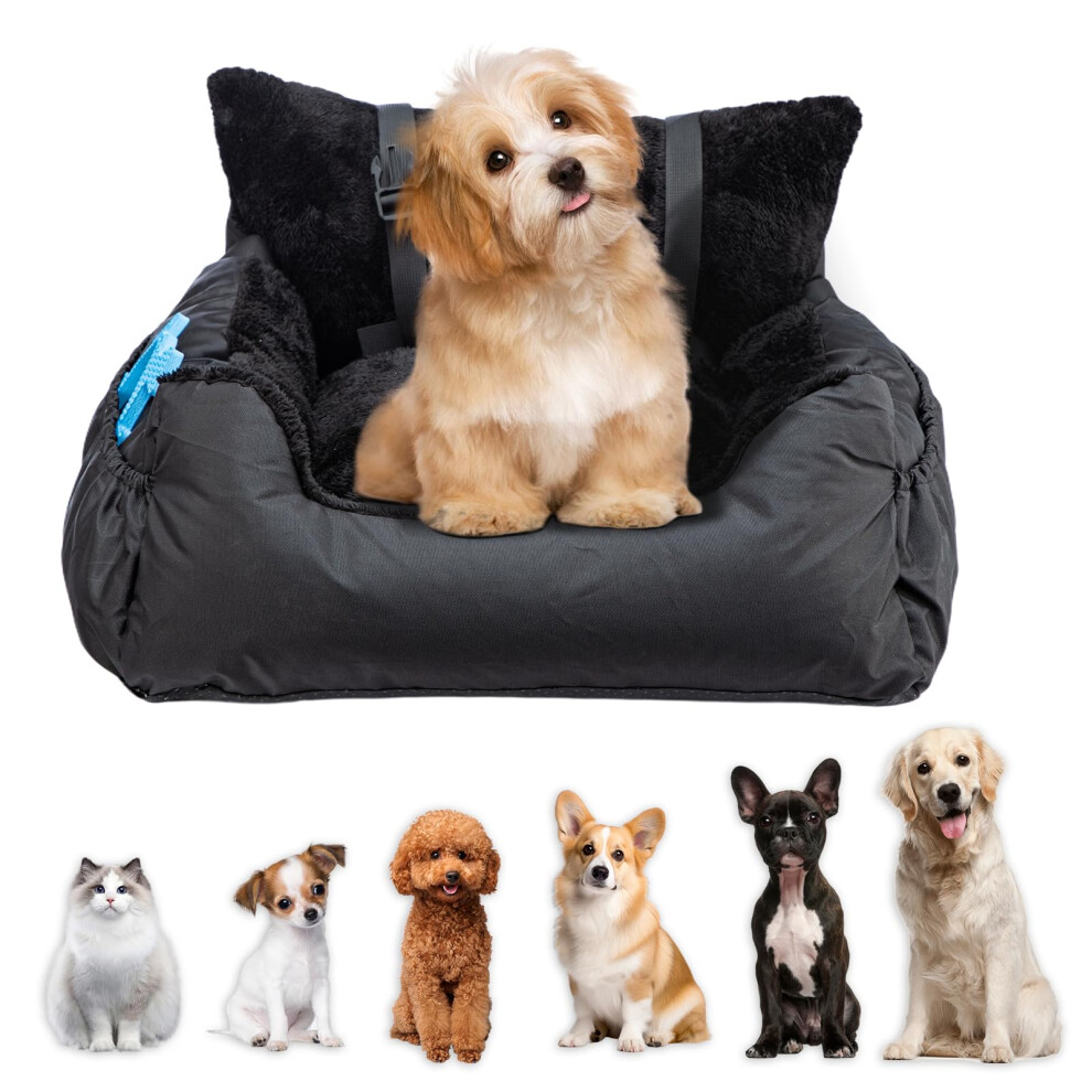 Supernic Plush Dog Car Seat For Small Dogs & Cats, Cosy Pet Travel Bed With Safety Leash, Storage Pocket & Non-Slip Base