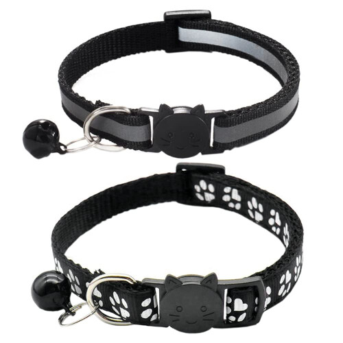 Qinao 2Pack Cat Collars Quick Release Reflective Kitten Collar with Bell & Safety Release (Black)