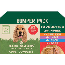 Harringtons Complete Wet Tray Grain Free Hypoallergenic Adult Dog Food Favourites Bumper Pack 16x400g - Chicken, Lamb, Beef & Duck