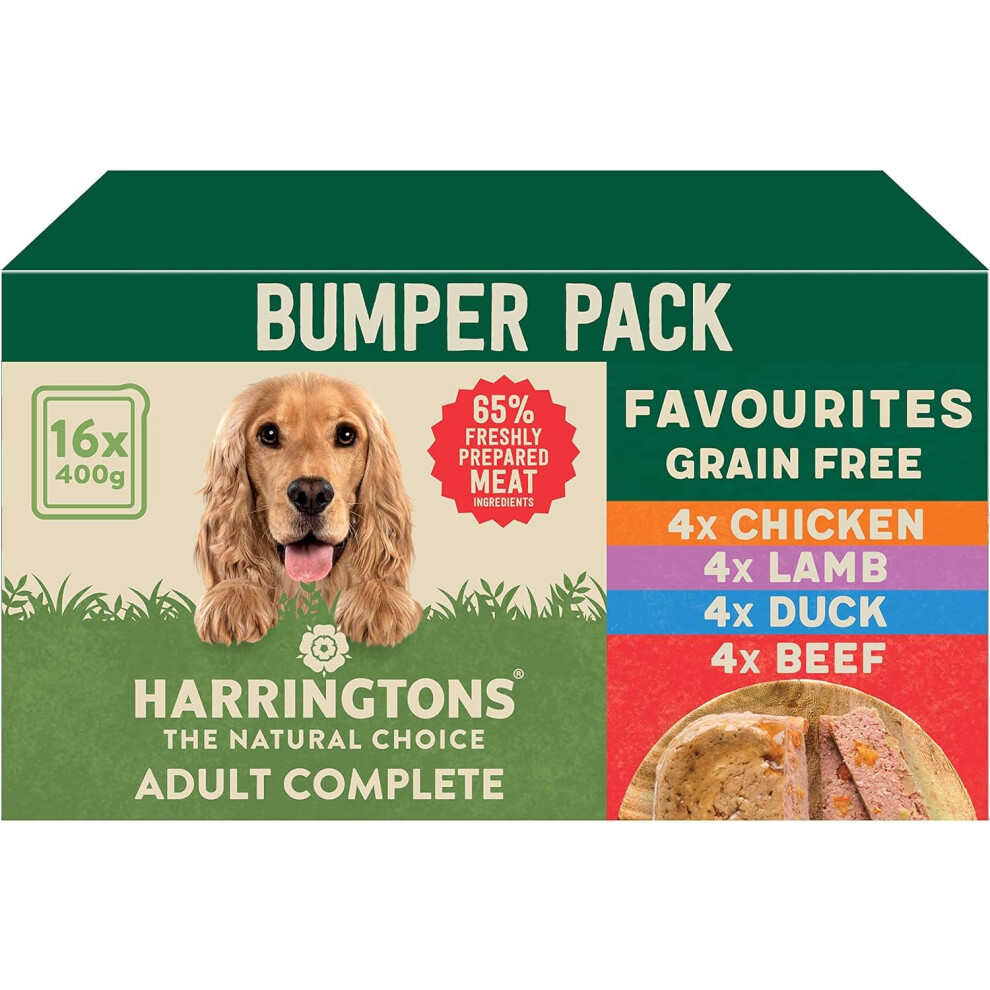 Harringtons Complete Wet Tray Grain Free Hypoallergenic Adult Dog Food Favourites Bumper Pack 16X400g - Chicken, Lamb, Beef & Duck