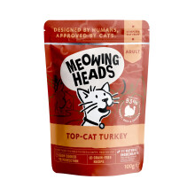 Meowing Heads Wet Cat Food - Top-Cat Turkey - 93% Natural Turkey, Chicken & Beef Pouches with No Artificial Flavours, Grain-Free Recipe (10 x 100g)