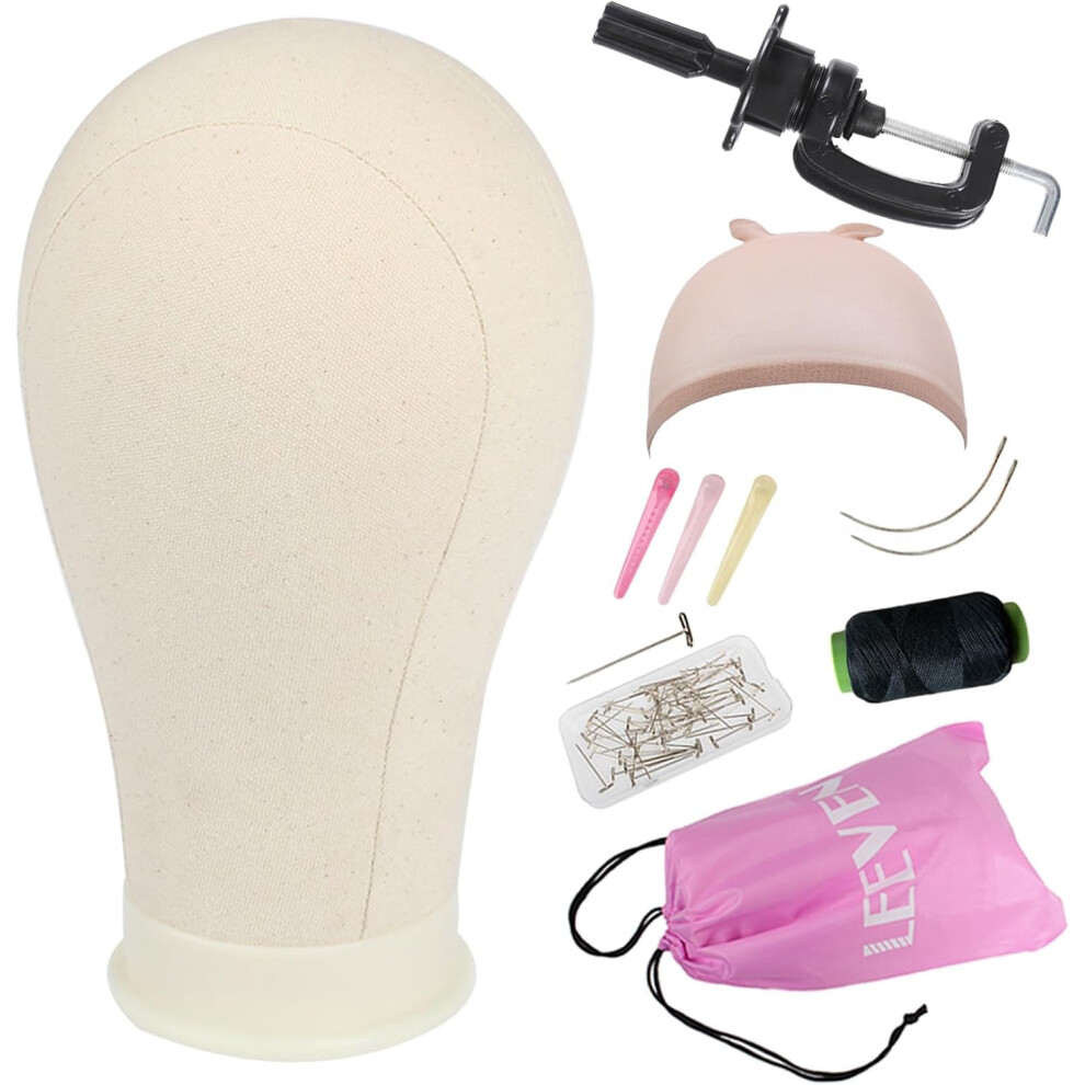 Leeven 24 Inch Poly Canvas Block Wig Head Hair Practice Manikin Canvas Head For Wig Making/Drying/Styling Wigs Mannequin Head With Table Clamp Stand
