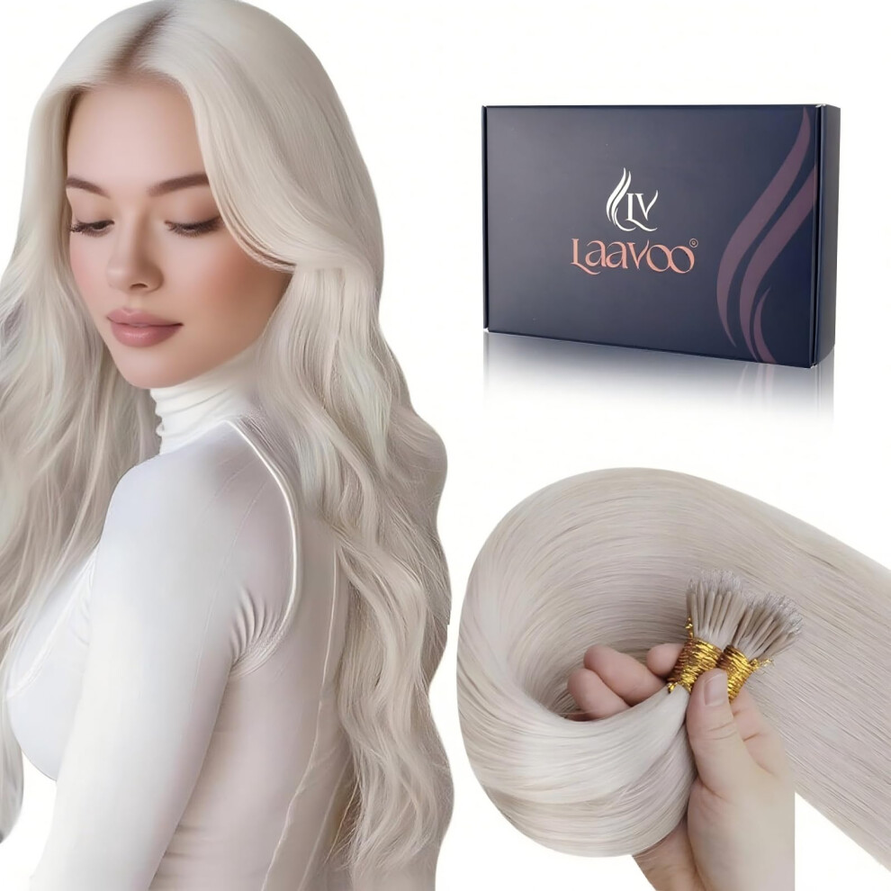 Laavoo Nano Hair Extensions Real Human Hair Blonde Nano Beads Hair Extensions Platinum Blonde Invisible Nano Ring Straight Remy Hair 50G 50S 14 Inch