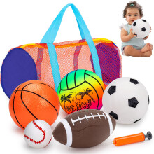 Lypsochaat Balls for Toddlers 1-3, 5pcs Inflatable Balls with Storage Bag Football Soccer Basketball Baseball Volleyball Pump