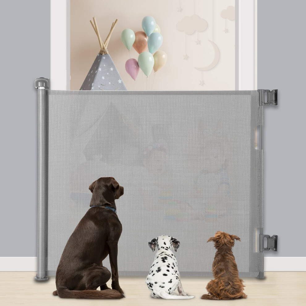 Mypin Extra Wide Retractable Dog And Baby Gates - Indoor/Outdoor Stair Gates For Stairways, Hallways, Doorways (Grey, 140 X 86 Cm)
