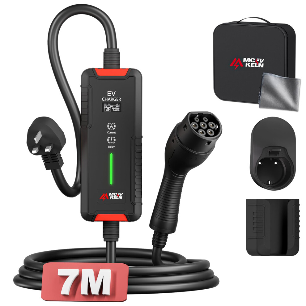 Mcevkeln Ev Charger Type 2 To 3 Pin - 3Pin To Type 2 3Kw 7M| 1-Phase| 13A Mode 3 Charging Cable | Switchable Current 6A-13A 5051227319197