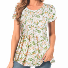 Bearsland Women's Nursing Tops Short Sleeve Scoop Neck Breastfeeding Shirt Maternity Clothes, White Green Geranium, L