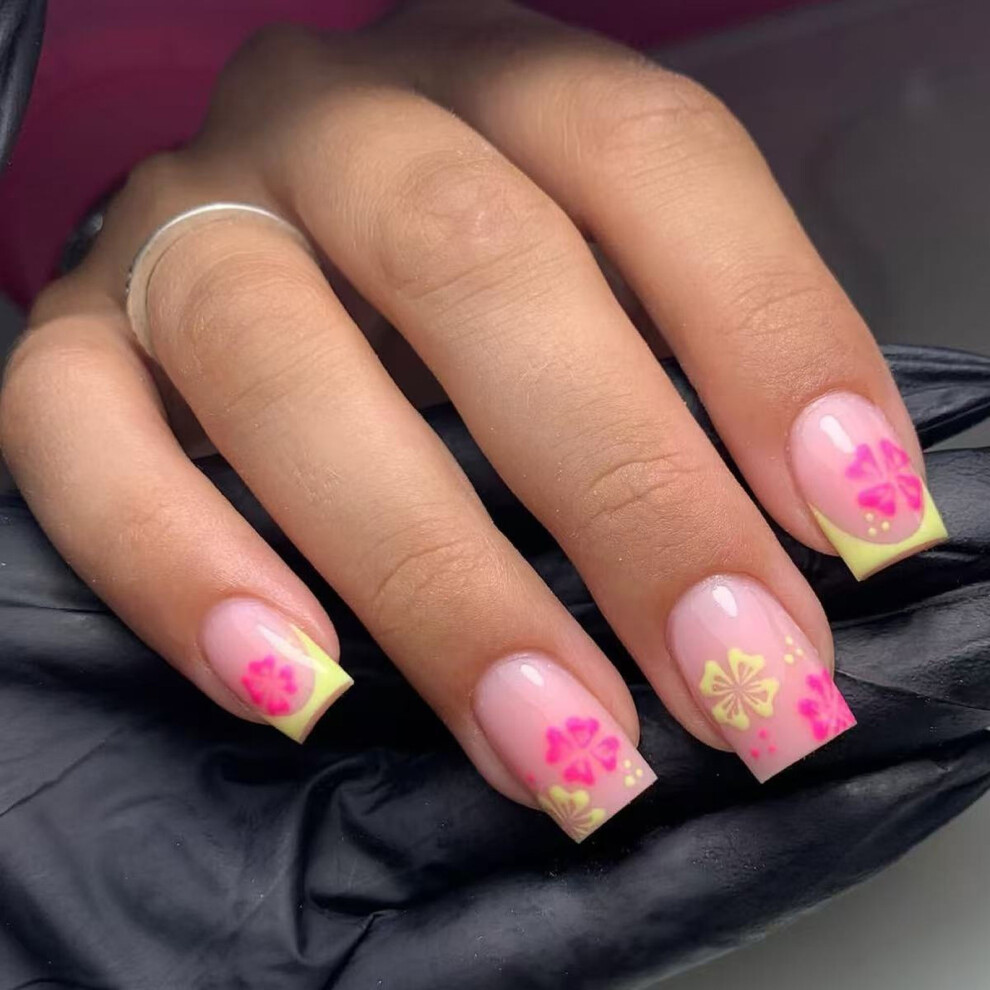 Square Press On Nail Flower Fake Nail Glues On Nail Artificial Acrylic Nail