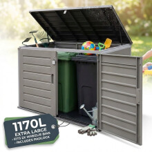 Olsen & Smith 1170L XL Wheelie Bin Storage Shed & Outdoor Garden Box | Fits 2x 230L Bins, Lockable with Padlock, Double Doors + Gas-Assisted Lid