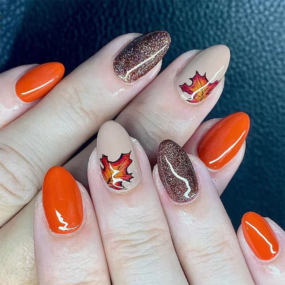 Thanksgiving Almond Fake Nail Artificial Nail Autumn Maple Leaf Press on Nail