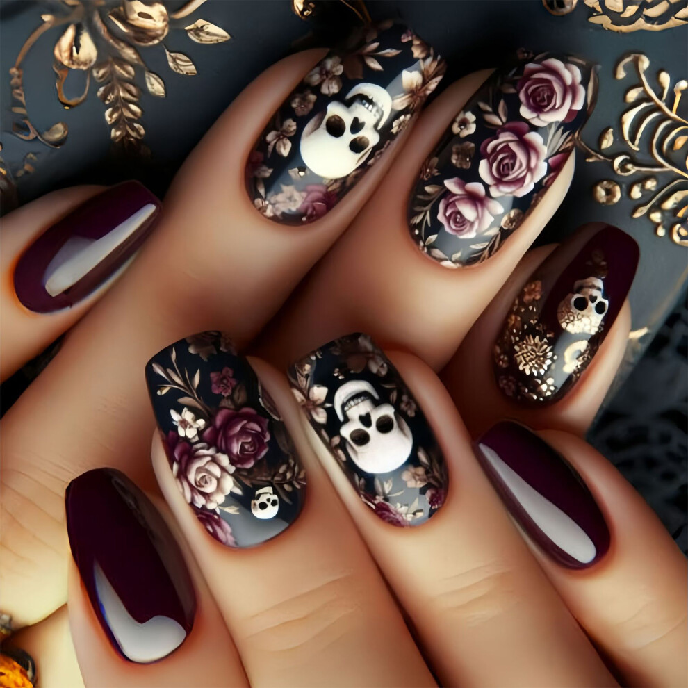 Long Lasting False Nail With Gothic Skull Patterns Press On Nail ABS Build