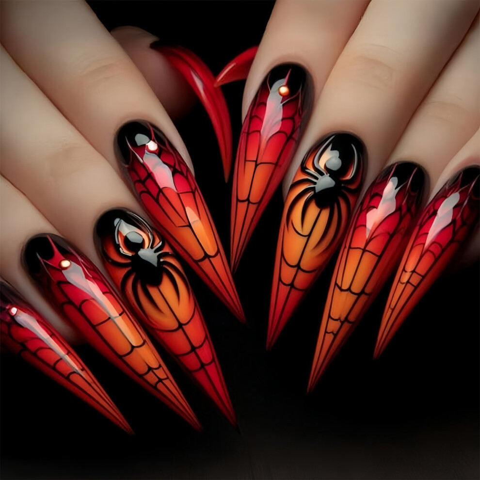 Halloween Artificial Nail Ghostly Spiders Web Design Long Almond Shape False Nail