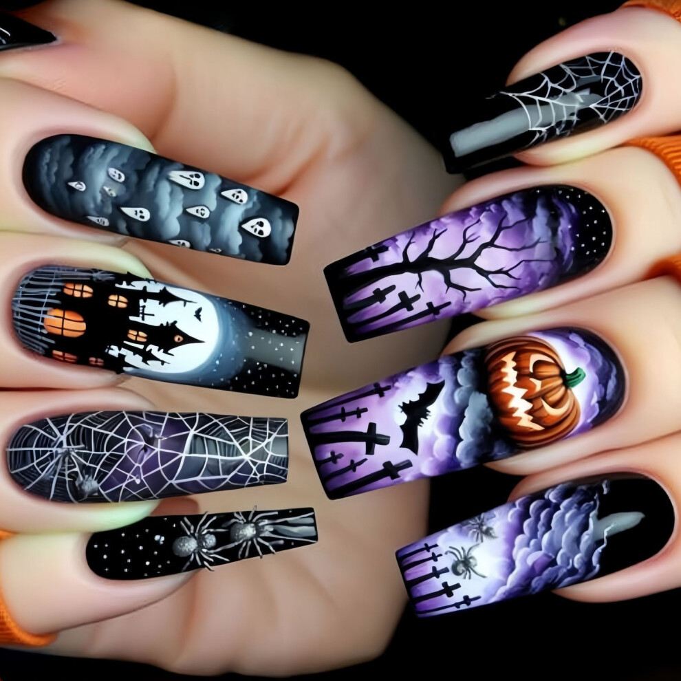 Elegant Fake Nail Halloween Theme Ghostly Pumpkin Design Quick DIY Application
