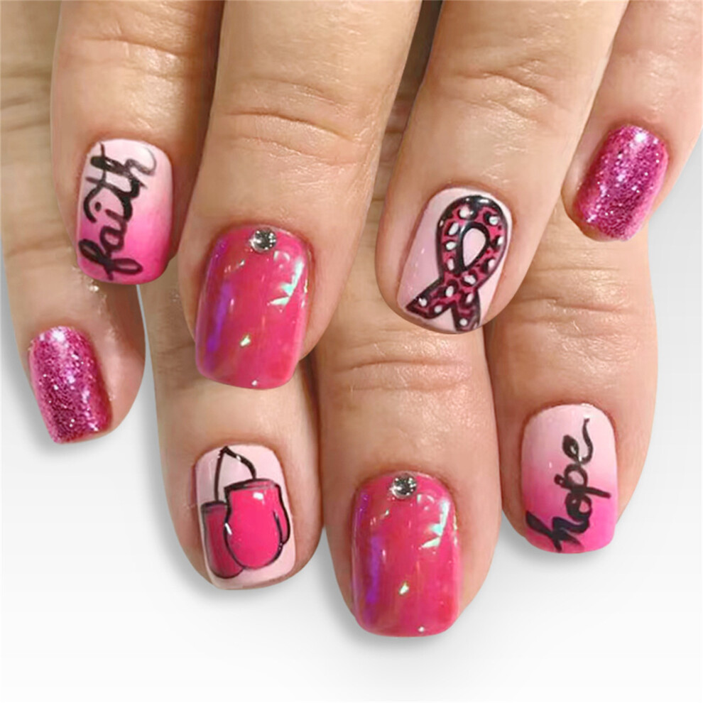 Pack of 24 Rose Red Glitters False Nail Polkas Dot Design Comfortable ABS Material