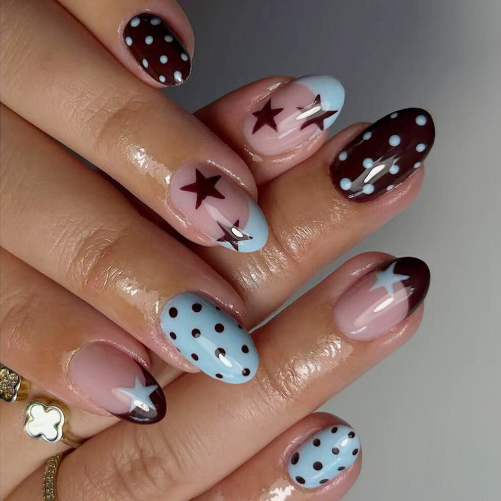 24PCS French Style Press On Nail With Polkas Dots Blue Star Artificial Nail