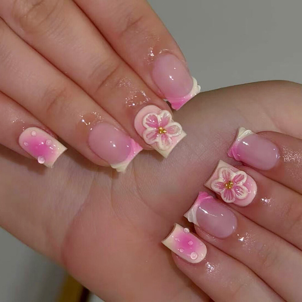 Square Press On Nail Flower Fake Nail Glues On Nail Artificial Acrylic Nail