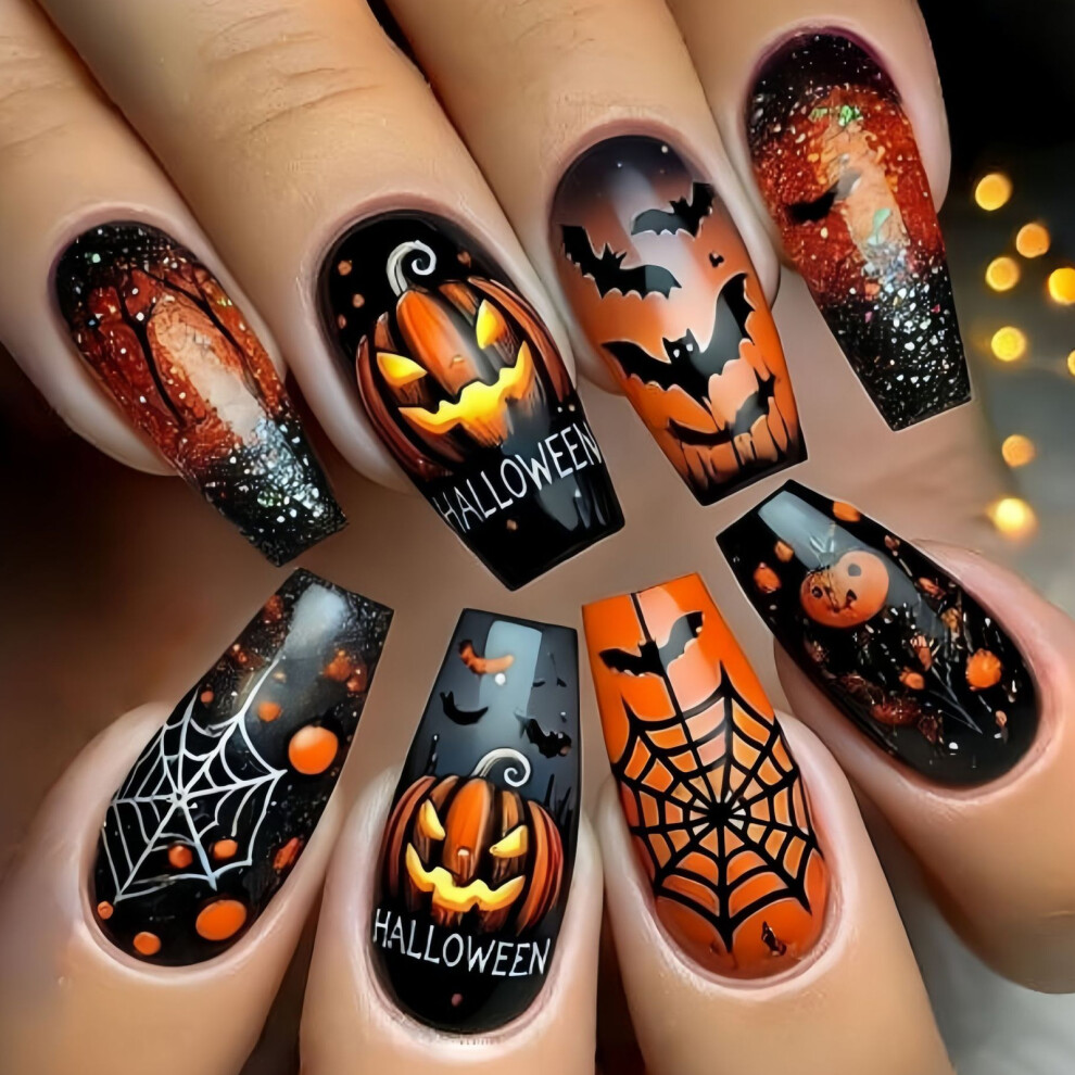 24Pieces Halloween Press On Nail Pumpkin Flower Spooky Cobweb Pattern