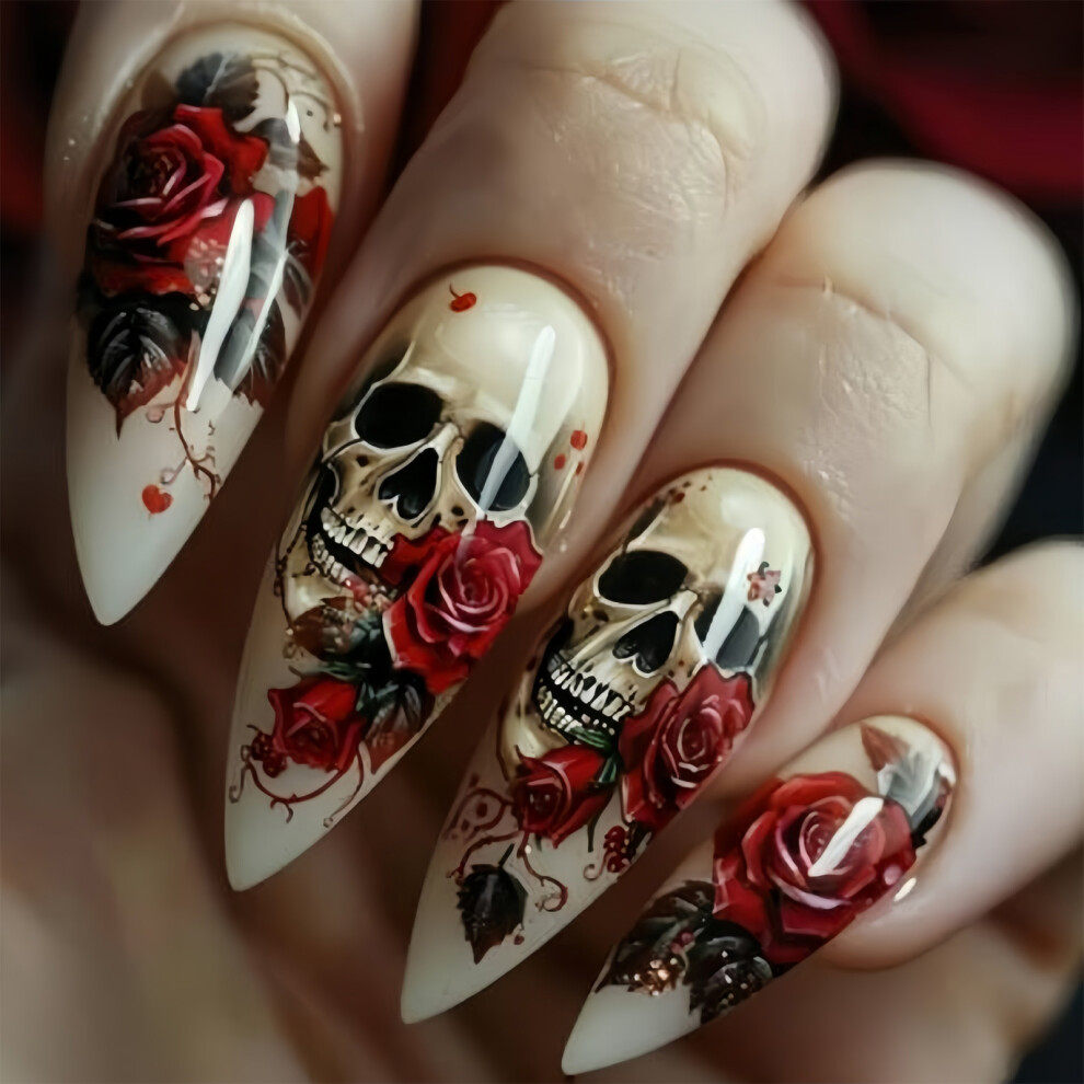 Halloween Ghostly Spiders Web False Nail Almond Tip Design Rose Skull Detailing