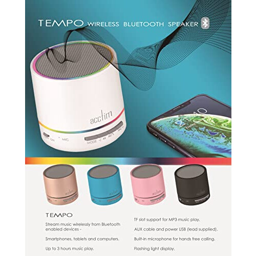 Acctim Acctim Tempo Mini Bluetooth Speaker with LED lights & Microphone Rose Gold 1