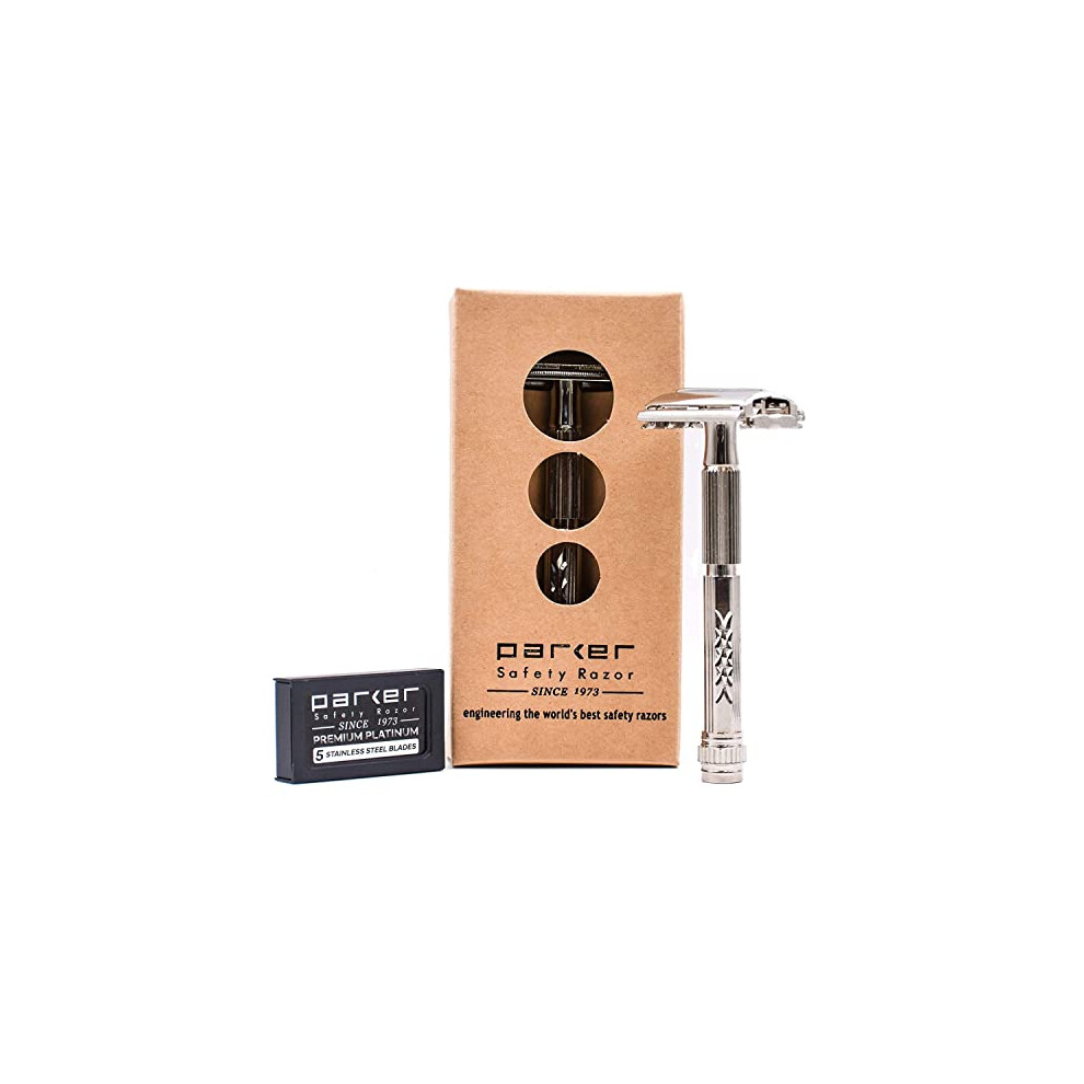 Parker Safety Razor , Model 60R Double Edge Butterfly Open Safety Razor And 5 Parker Premium Platinum Razor Blades