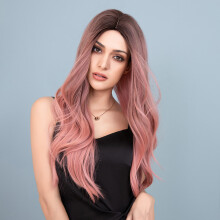 28 Inch Bruin Gradient Roze Lange Krullende Haar Zachte Hoge Temperatuur Vezel Volledige Hoofd Bedekkende Pruik