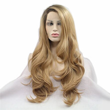 Bellezza Fantasia Parrucca Sintetica Lunga Ondulata Naturale Ombre brown Biondo con Lace Front Parte Laterale Capelli Resistenti al Calore per