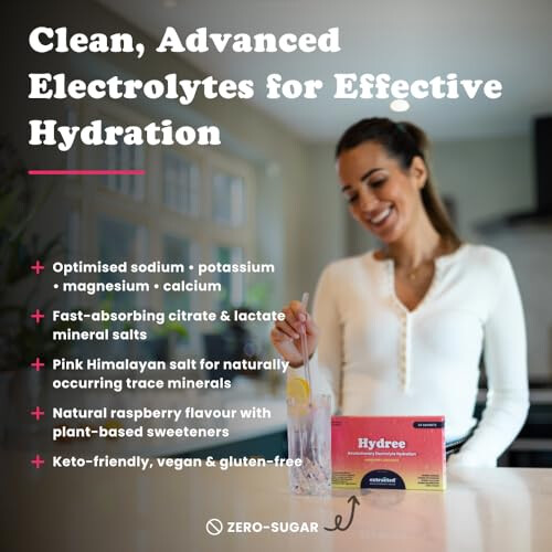 Extracted Hydree Advanced Electrolyte Drink Mix, Sodium Potassium Magnesium Calcium Citrate Blend, Natural Raspberry Flavour, Zero Sugar, Himalayan 1
