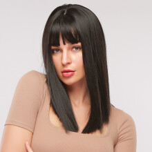 16 Inch Zwarte Medium Lengte Rechte Haar Natuurlijke Sjaal Ademend Pony Synthetische Pruiken