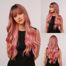 28 Inch Bruin Gradient Roze Grote Golf Lengte Krullend Haar Lucht Pony Kerst Vol Hoofd Bedekkende Pruik