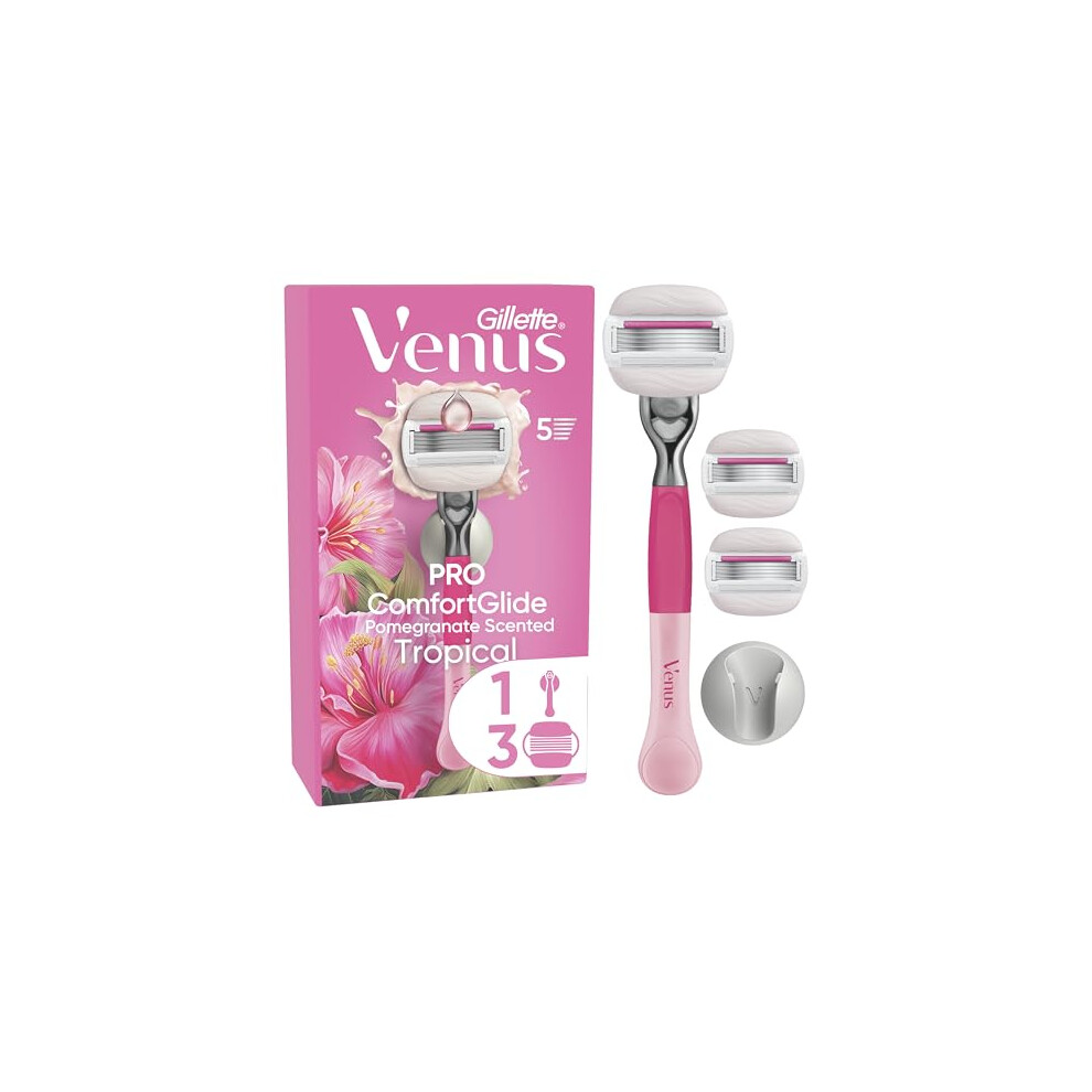 Gillette Venus Pro ComfortGlide Pomegranate Scented Tropical Razor 3 Razor Blades & Shower Hook - Image 2