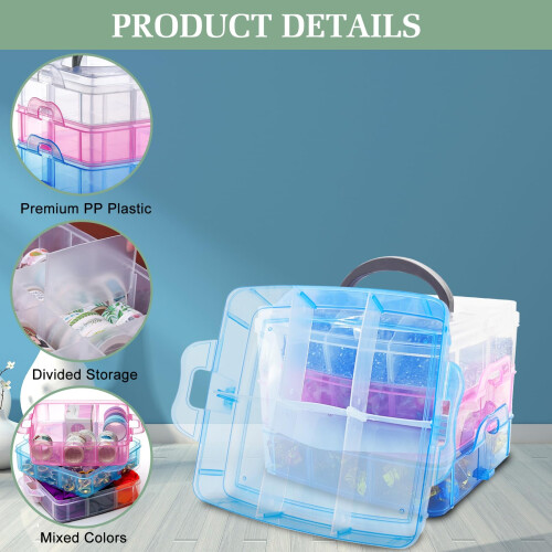3-Tier Craft Storage Box, Adjustable Storage Box with 18 Compartments, Plastic Detachable Space Box, Transparent Divider Organizer with Handle 2