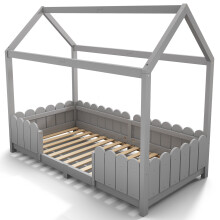 (Grey) Lit cabane avec barrière de sécurité et sommier à lattes sans matelas