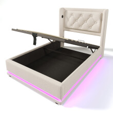 (90x200cm, Beige) Lit simple avec LED, USB-C et rangement sans matelas