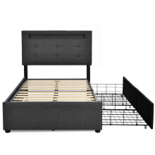 (Grey, 90x200cm) Lit capitonné avec LED, 4 tiroirs, tête réglable et sommier sans matelas