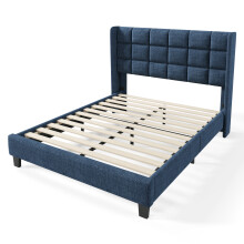 (Blue, 140x200cm) Lit capitonné avec tête de lit rembourrée et sommier inclus sans matelas